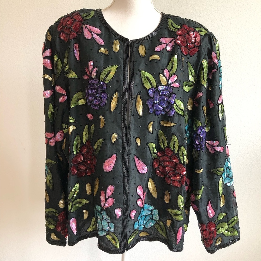 Scala Multicolor Silk Floral Beaded Sequin Embellished Jacket 3X